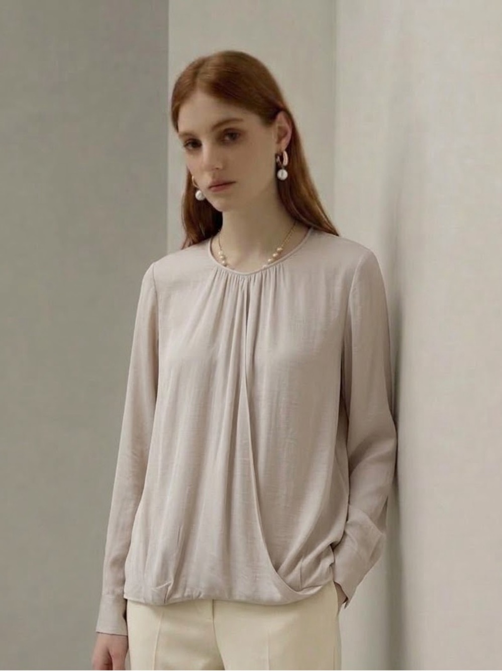 Vince Light Beige Long-Sleeve Pleated Silk-Blend Top